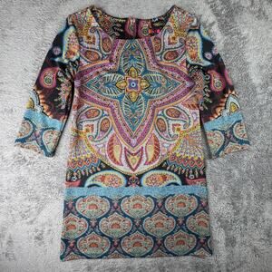 Isle Melis Kozan Psychedelic Paisley Shift Dress 3/4 Sleeve XS Floral Boho Hippi